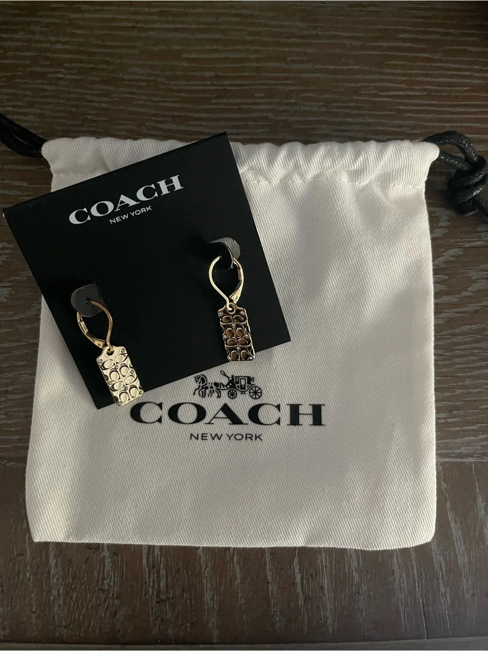 Coach Gold-Tone Signature Rectangle Drop Earrings